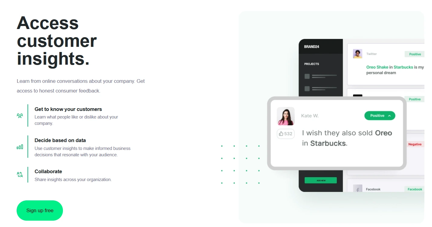 Customer insight dashboard showing sentiment-based social media comments, feedback examples, and features for understanding audience opinions.