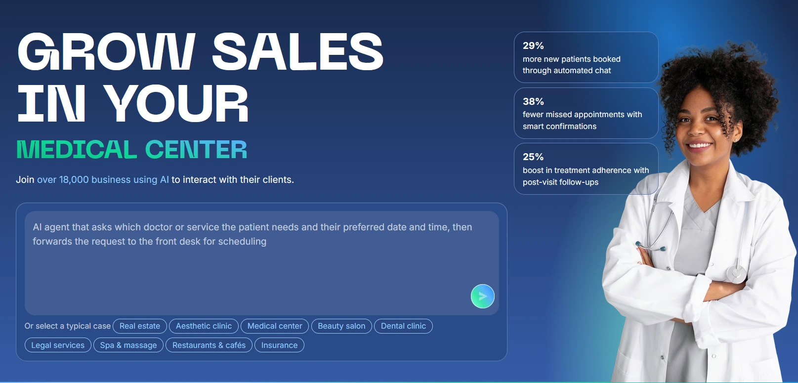 Medical center marketing banner showing a smiling doctor, AI chatbot statistics, and a headline promoting increased patient bookings with automated communication.