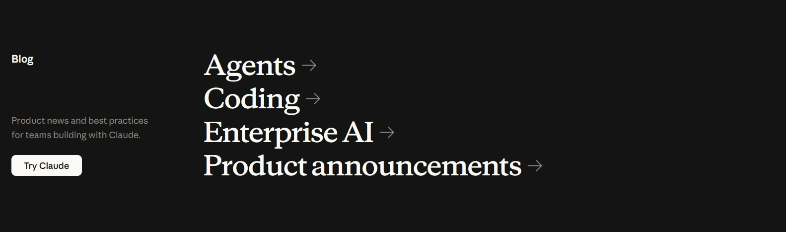 Claude AI blog section displaying categories such as Agents, Coding, Enterprise AI, and Product Announcements on a dark background.