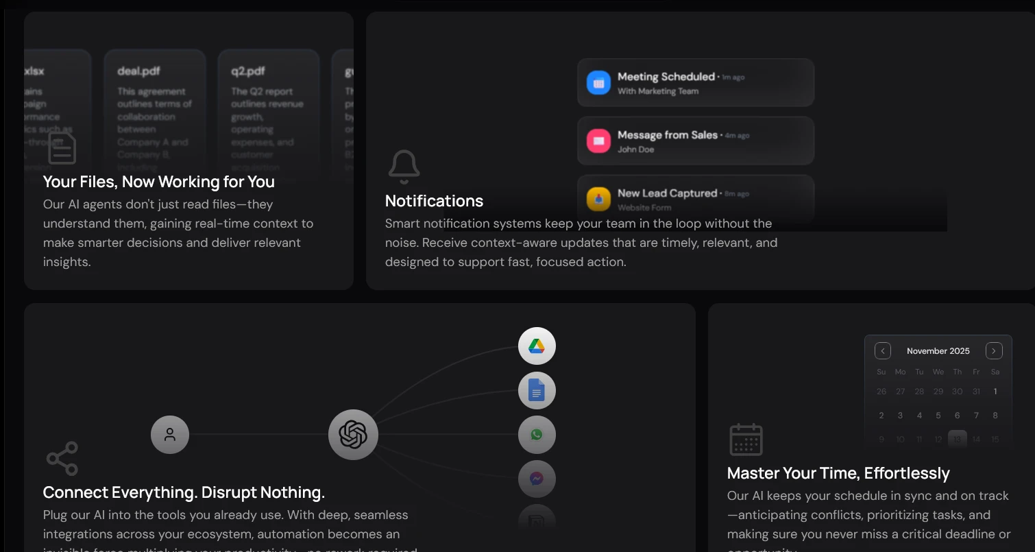 Dashboard-style interface showing AI-powered file processing, smart notifications, system integrations, and calendar automation features.