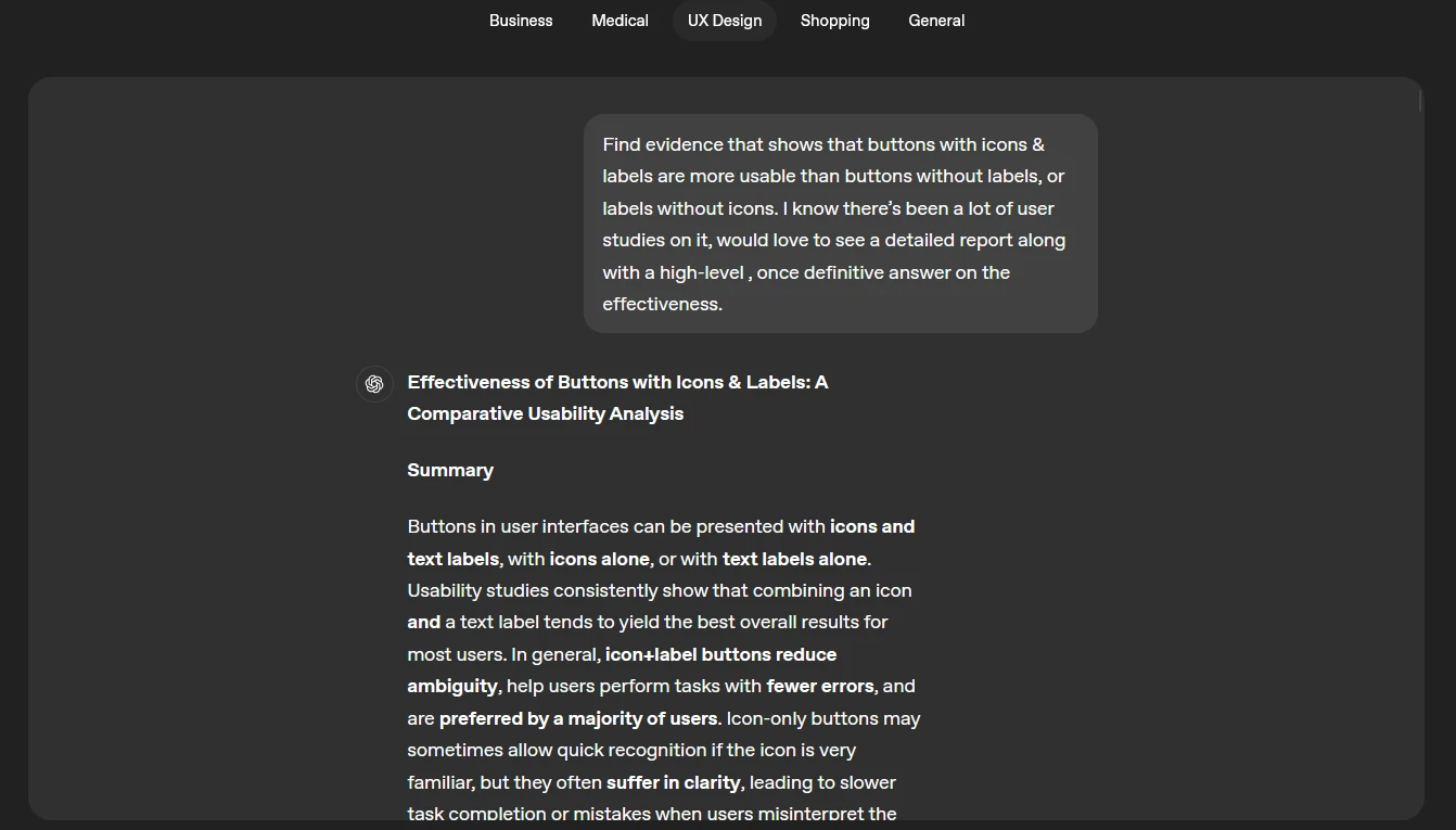 ChatGPT interface displaying a UX design query about button usability and a detailed AI-generated report on icons and labels.