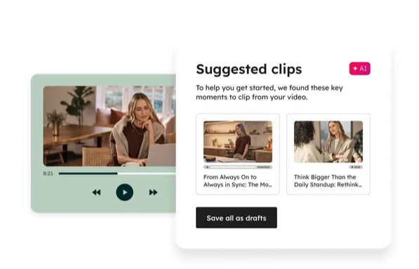 Video editing interface with a woman on screen and an AI panel suggesting video clips to save as drafts.