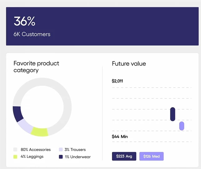 Dashboard showing customer segment statistics, including product category preferences and predicted future value.