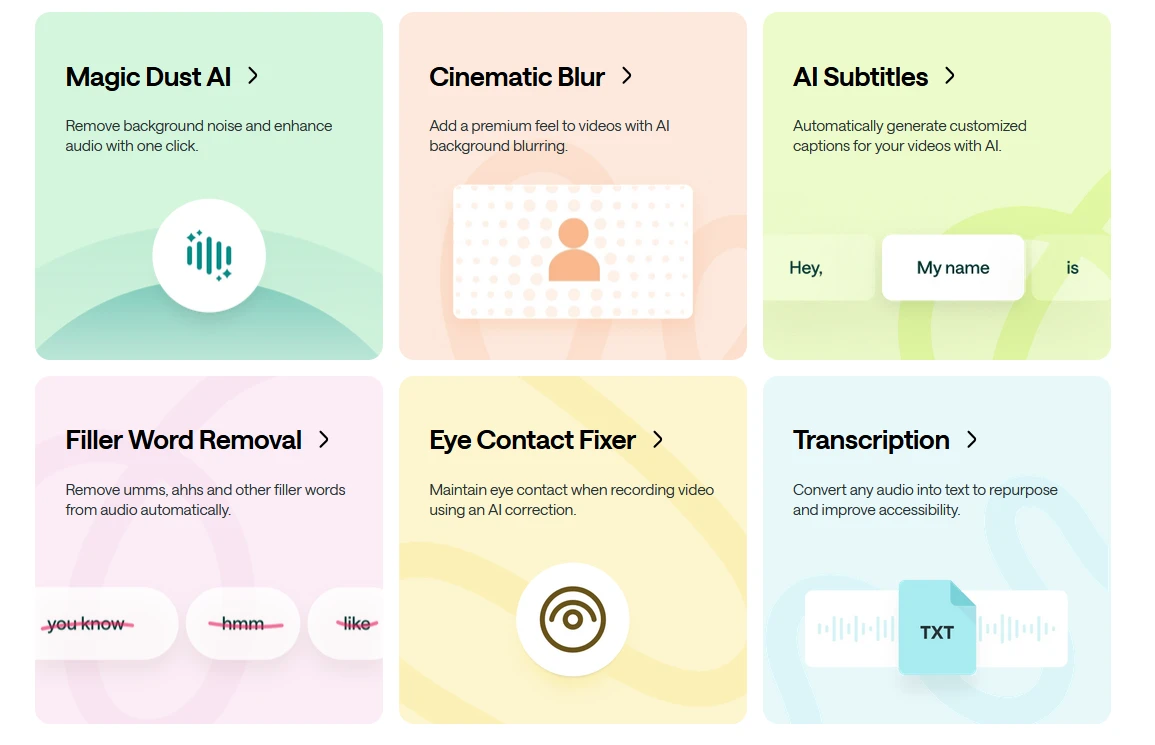 Grid of Podcastle AI editing tools including Magic Dust AI, Cinematic Blur, AI Subtitles, Filler Word Removal, Eye Contact Fixer, and Transcription.