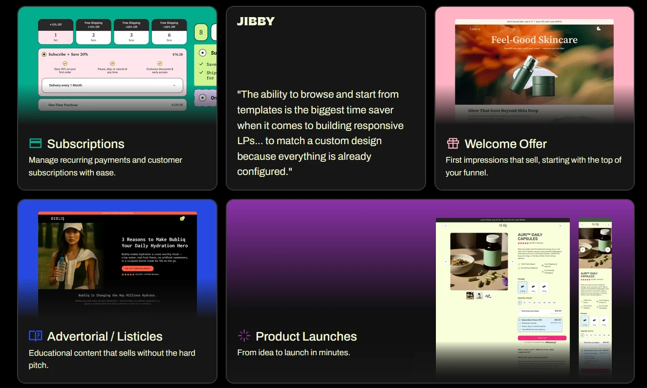 Showcase of Replo landing page templates highlighting subscription pages, welcome offers, advertorial/listicle layouts, product launch designs, and a testimonial about template efficiency.