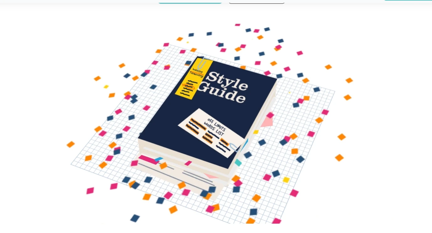 Illustration of stacked style guide books on a grid-pattern surface with colorful confetti scattered around.