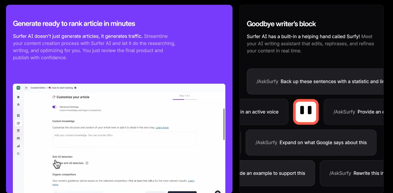 Surfer AI interface showing article customization options, anti-AI detection settings, and real-time writing assistance features designed to speed up content creation.