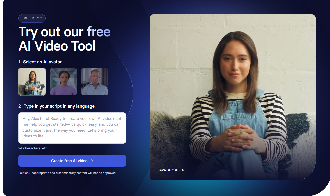 AI video creation interface showing an avatar preview, selectable AI avatars, script input field, and a button to generate a free AI video.