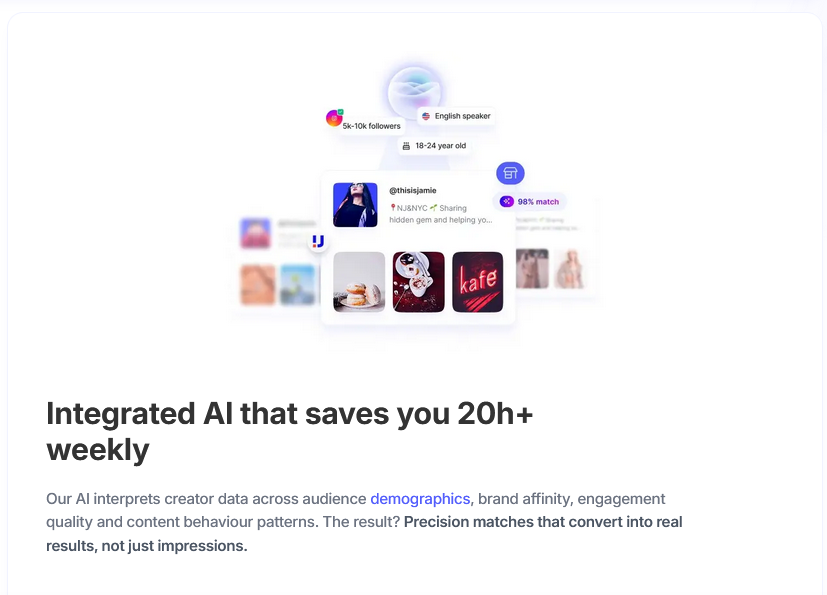 AI-powered influencer analytics interface showing creator demographics, audience insights, engagement patterns, and automated match scoring.